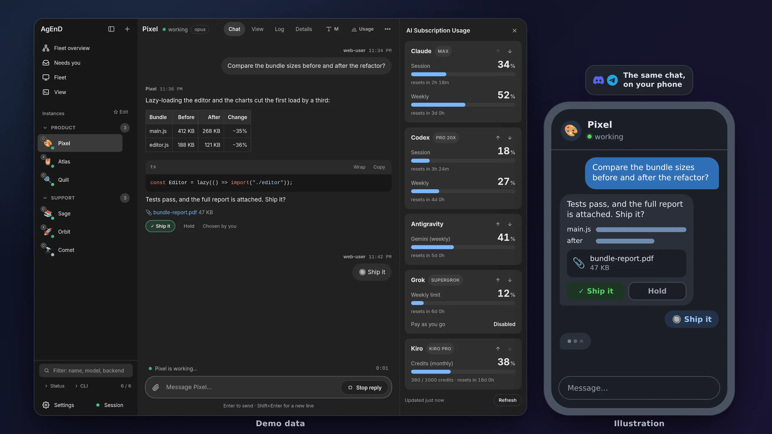 The AgEnD web dashboard showing six agents with their status, a chat with a table, code blocks and a chosen reply button, and the same conversation on a phone beside it. Made-up demo data.