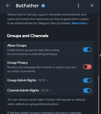 BotFather 的 Bot Settings 選單，Group Privacy 選項